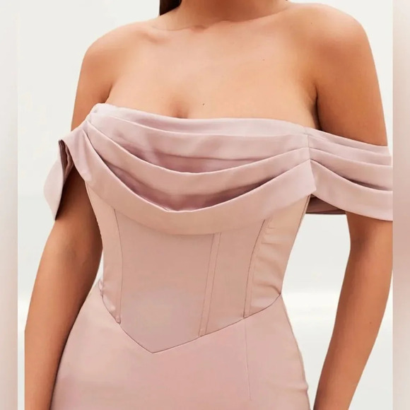 Lavish Alice Mink Pleated Bardot Satin Mix Midi Dress - Picture 7 of 14